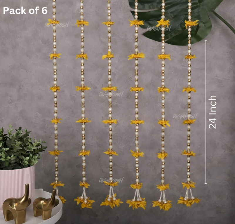 Fabric Latkan (Yellow Flower Strings) Decoration Hangings (Pack of 6, Size 2 Feet Each)