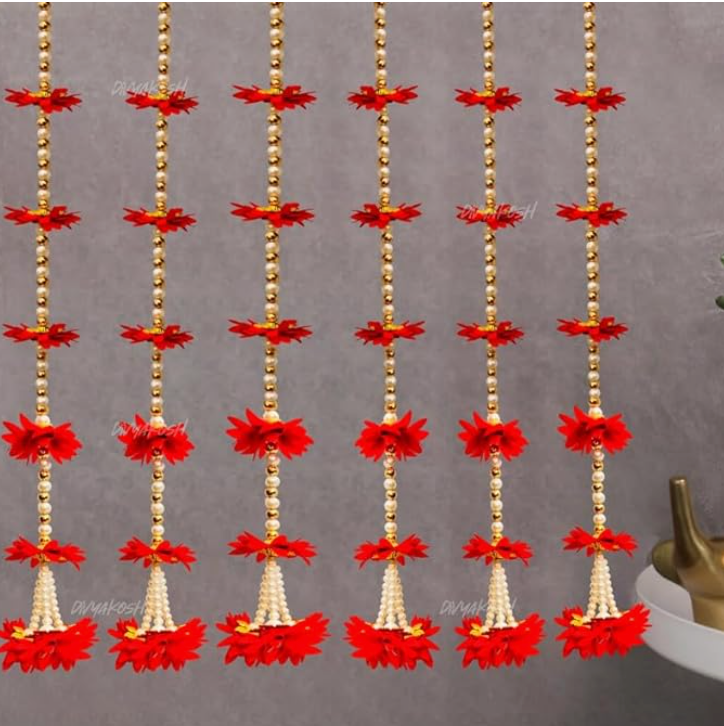 Fabric Latkan (Red Flower Strings) Decoration Hangings (Pack of 6, Size 2 FT Each)