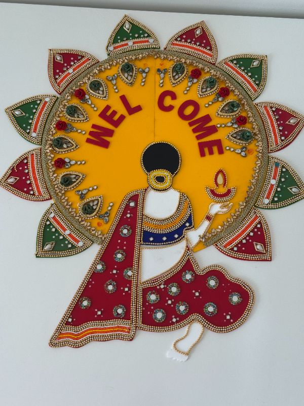 Acrylic Rangoli with Multicolour Handicraft Jewel Stone Decorations - Welcome lady