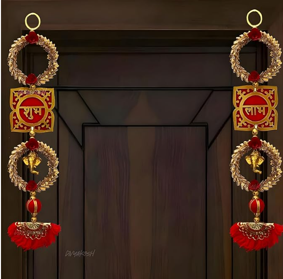 Shubh Labh for Door Entrance (1 Pair), Golden Side Door hangings,toran for Home Decoration, shubh labh Door Hanging, Door Tags, Diwali Shoon/Soohn/Shun for Home mandir