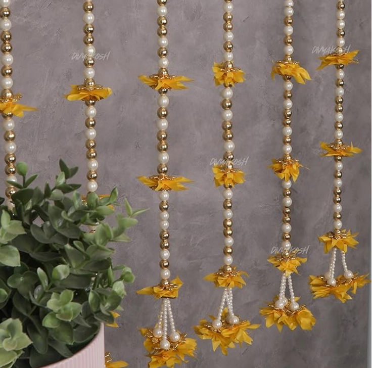 Fabric Latkan (Yellow Flower Strings) Decoration Hangings (Pack of 6, Size 2 Feet Each)