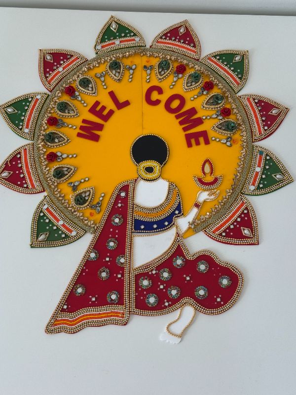 Acrylic Rangoli with Multicolour Handicraft Jewel Stone Decorations - Welcome lady