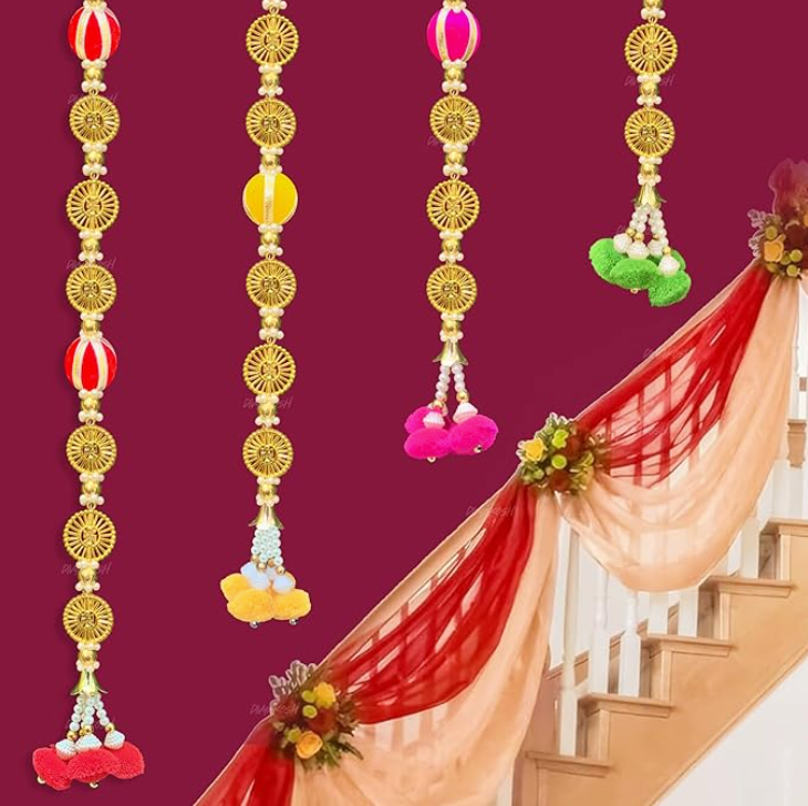 Handmade Multicolour Swastik Hangings/Latkans, 4 Pcs ; 30 Inches each