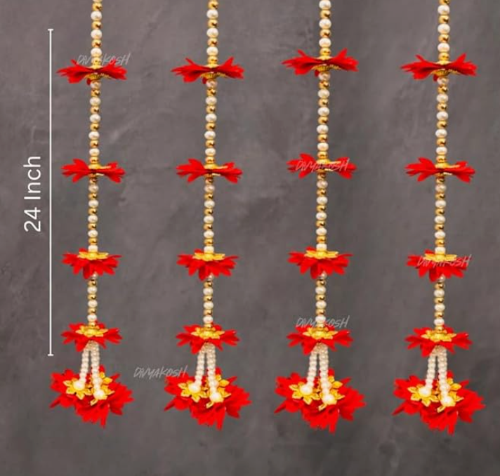 Fabric Latkan (Red Flower Strings) Decoration Hangings (Pack of 6, Size 2 FT Each)