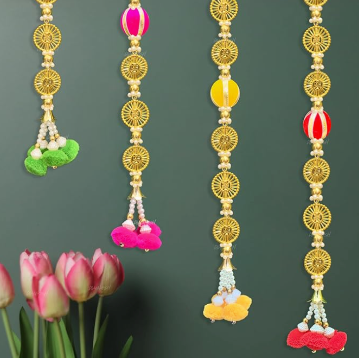 Handmade Multicolour Swastik Hangings/Latkans, 4 Pcs ; 30 Inches each