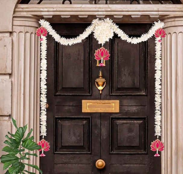 Pooja Room Decoration Item-Mandir Decoration Item, Long Length Off-White Flower- Lotus Hangings, Used as Door hanging for Home Decoration, Diwali Decoration items (set of 5Pcs)
