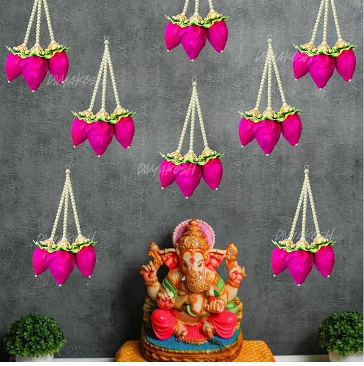 Lotus Buds Hanging, Pack of 5, Size 1 Ft, Pooja Room Decoration Items, Solawood Lotus Hangings for Mandir Decorations, 12Inches