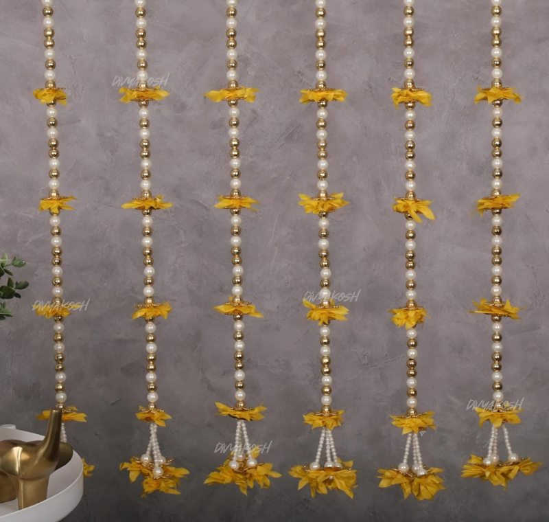 Fabric Latkan (Yellow Flower Strings) Decoration Hangings (Pack of 6, Size 2 Feet Each)