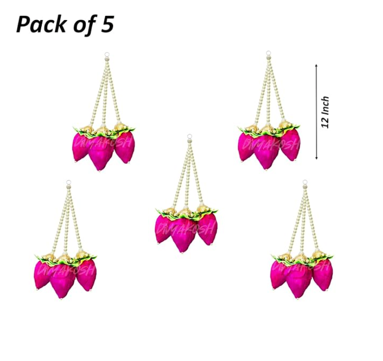 Lotus Buds Hanging, Pack of 5, Size 1 Ft, Pooja Room Decoration Items, Solawood Lotus Hangings for Mandir Decorations, 12Inches