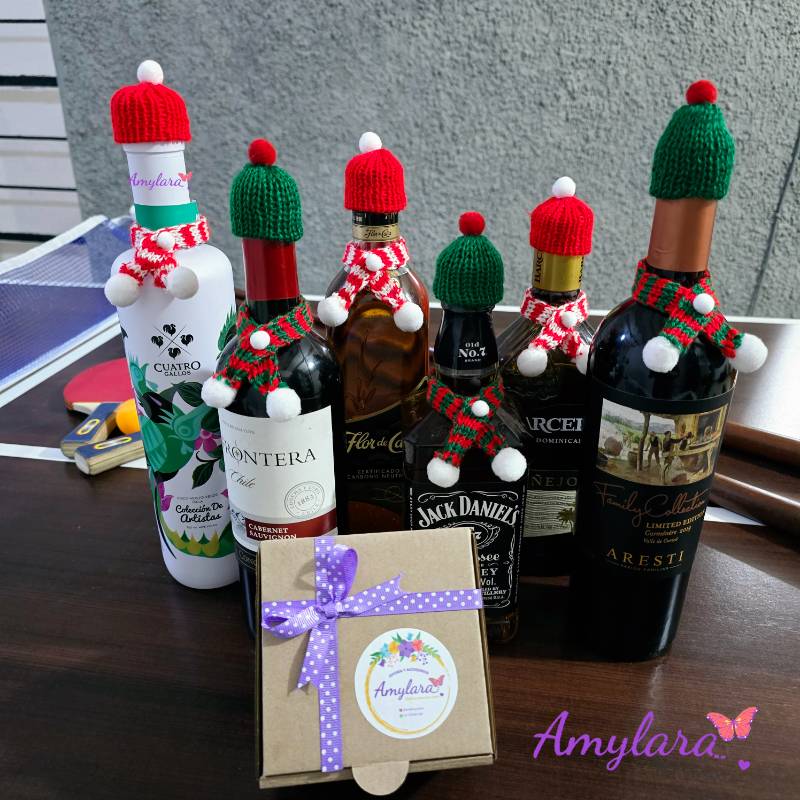 Gorritos y chalinas navideños para botella (8 piezas)