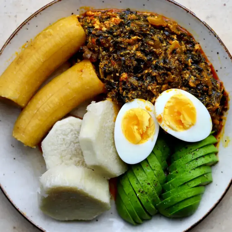 Boiled Yam/Plantain (Ampesi) and Garden Egg/Palava (kontommire) Sauce