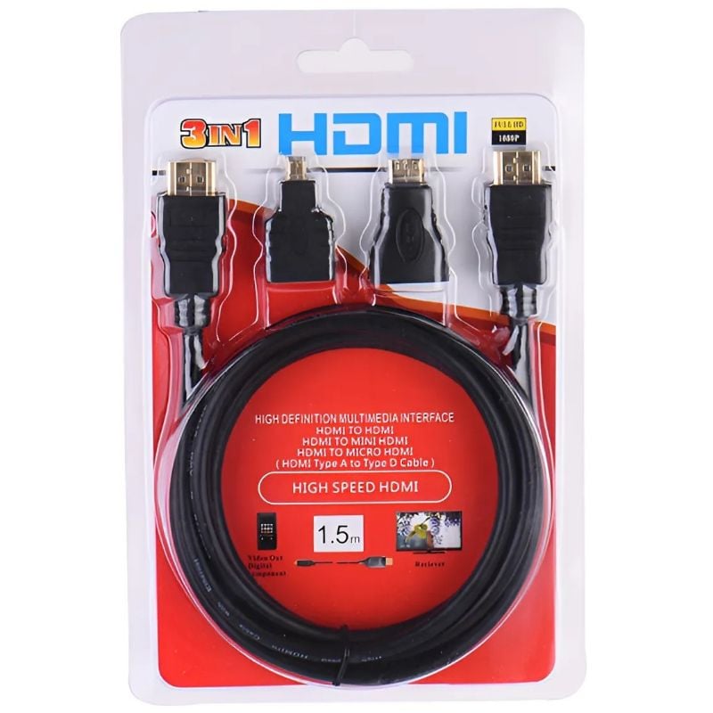 Cable Hdmi 1,5Mts con adaptadores a MiniHdmi y MicroHdmi