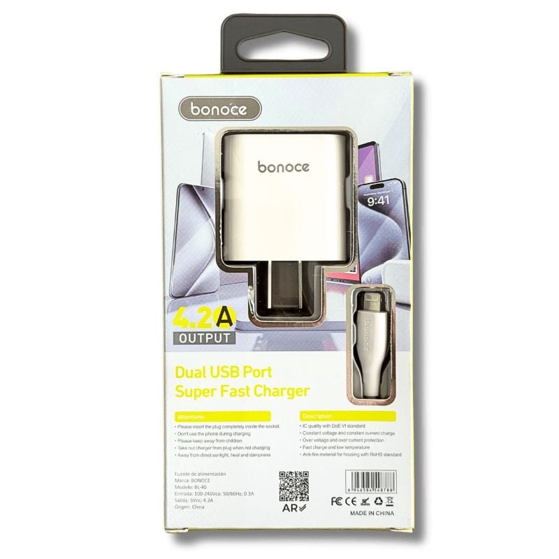 Bonoce BL-40I Lightning (iPhone) Doble USB  Carga Rapida 4,2A
