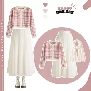 Kasey one set 3in Cardigan Rajut, Rok Payung, Pashmina