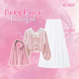 One Set 3 in Hijab Korean Stayle Outfit Kiyowo Cewek Cute Kekinian Terbaru Rok Ruffle Sweater Pink Korean Hijab Pashmina Set