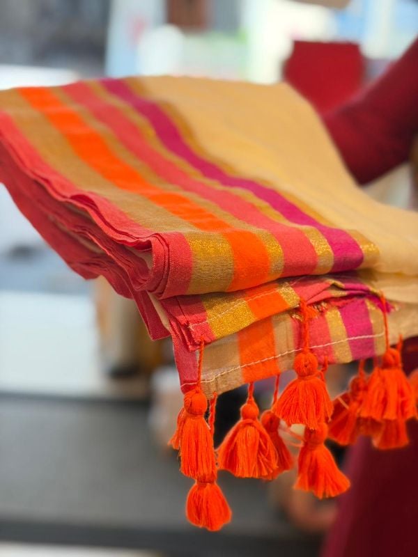 Pink and Orange Border Soft mulcotton saree(6 Meters)