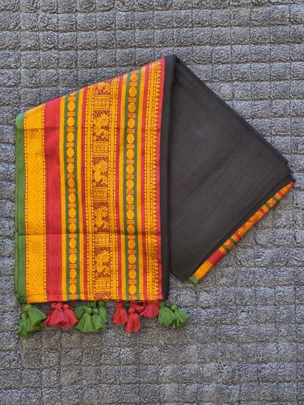 Black Mulcotton Saree With Multicolour Border