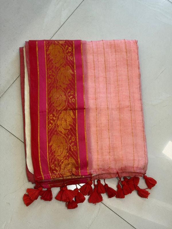 Pink and Red Border Soft mulcotton saree(6 Meters)