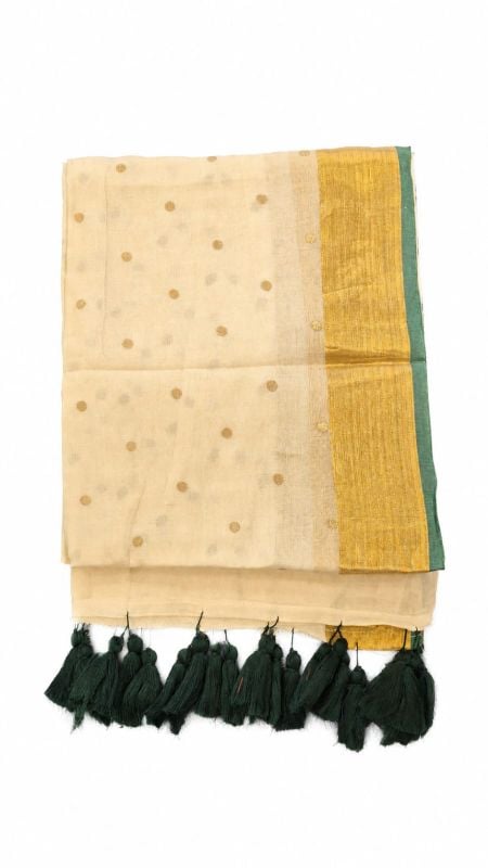 Mulcotton Saree with Green and Golden Border & Golden polka Dots