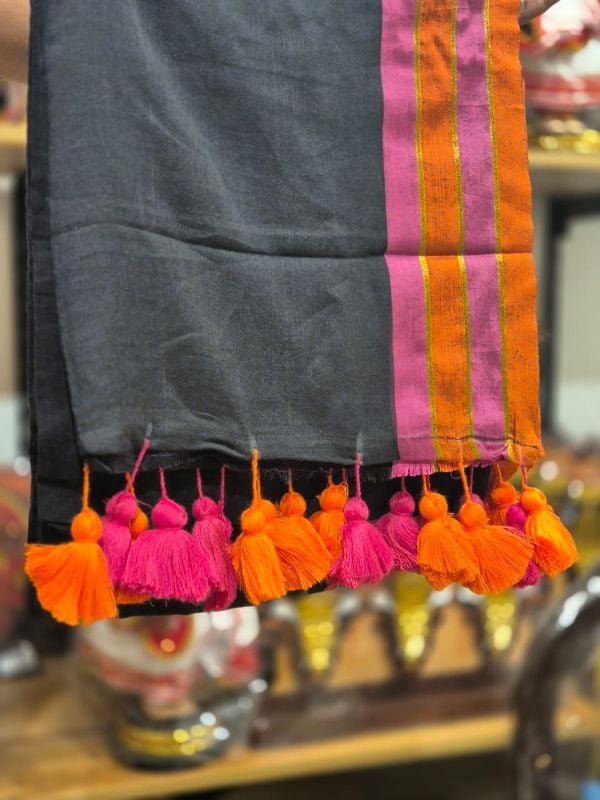 Black Mul cotton saree with multicolour cotton border