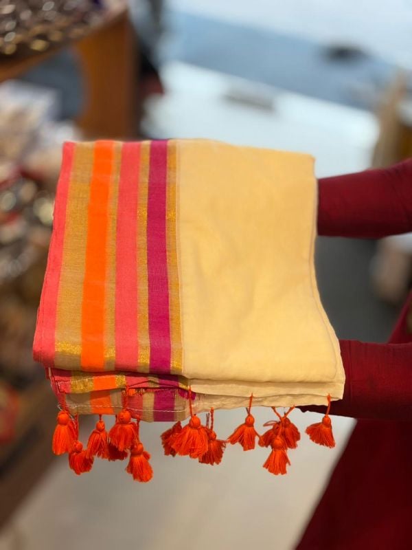 Pink and Orange Border Soft mulcotton saree(6 Meters)