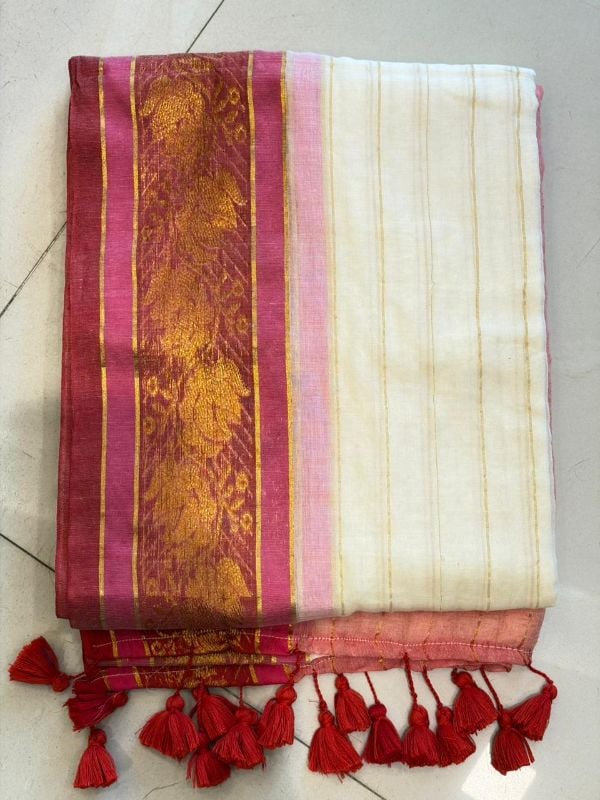 Pink and Red Border Soft mulcotton saree(6 Meters)