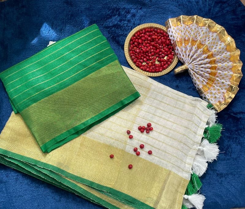 Linen Saree with Green and Golden Border