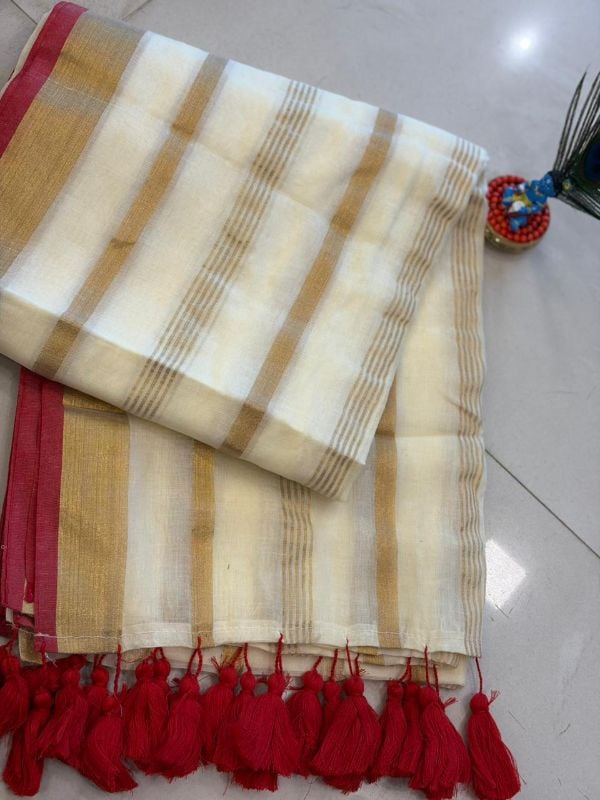 Off White and Red Soft cotton saree(6 Meters)
