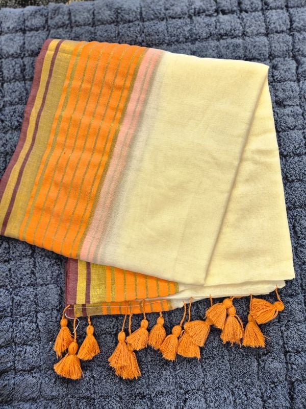 Orange & Brown Border Mulcotton Saree