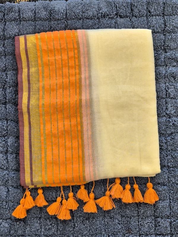 Orange & Brown Border Mulcotton Saree
