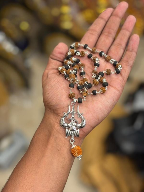 SILVER THRISOOLAM SILVER PLATED RUDRAKSHAM WITH KARUNGALI LOCKET MALA