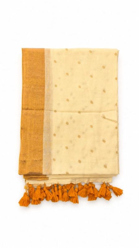 Mulcotton Saree with Golden Border & Golden polka Dots