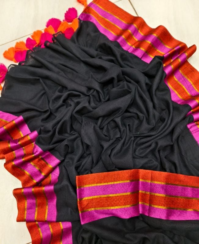 Black Mul cotton saree with multicolour cotton border