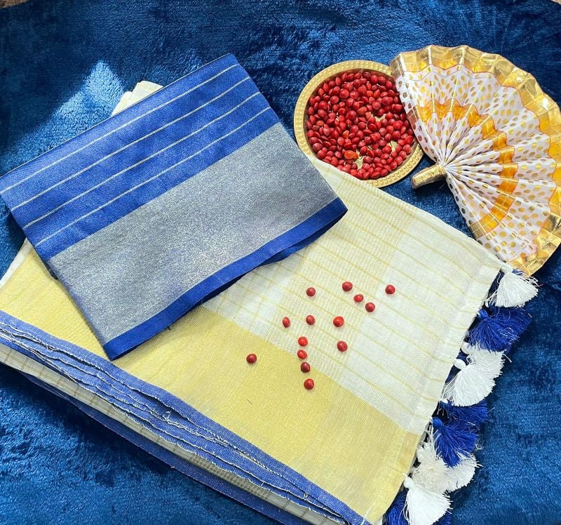 Linen Saree with Blue and Golden Border