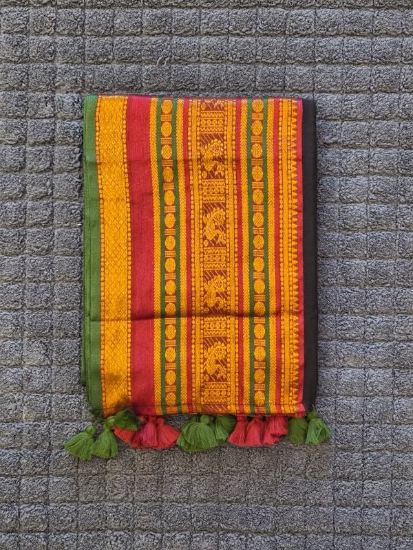Black Mulcotton Saree With Multicolour Border