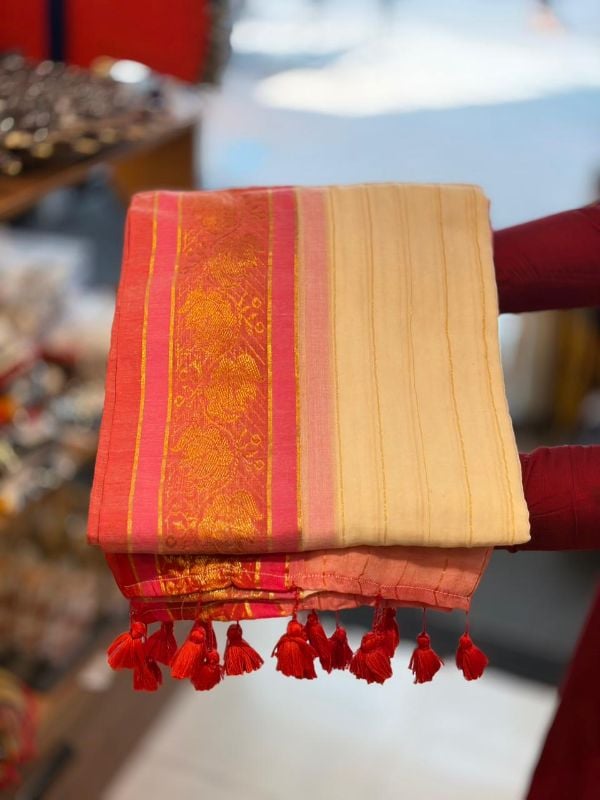 Pink and Red Border Soft mulcotton saree(6 Meters)