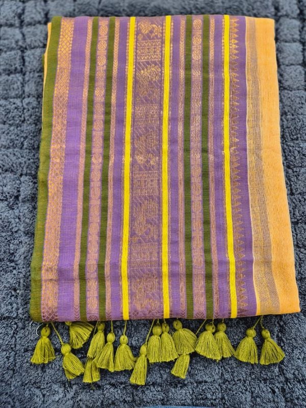 Sandal Mulcotton Saree with Green & Blue Border