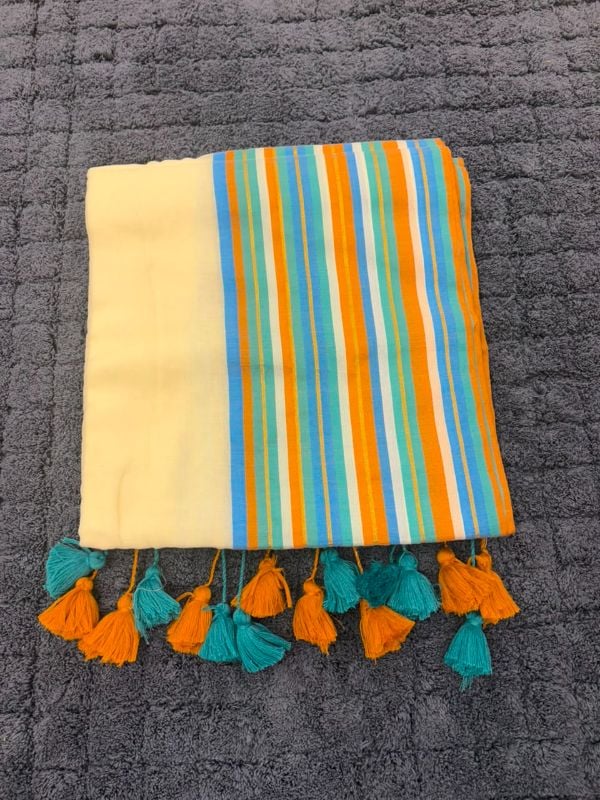 Blue & Brown Border mulcotton saree