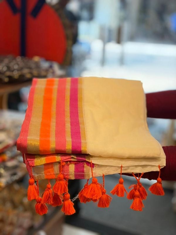 Pink and Orange Border Soft mulcotton saree(6 Meters)