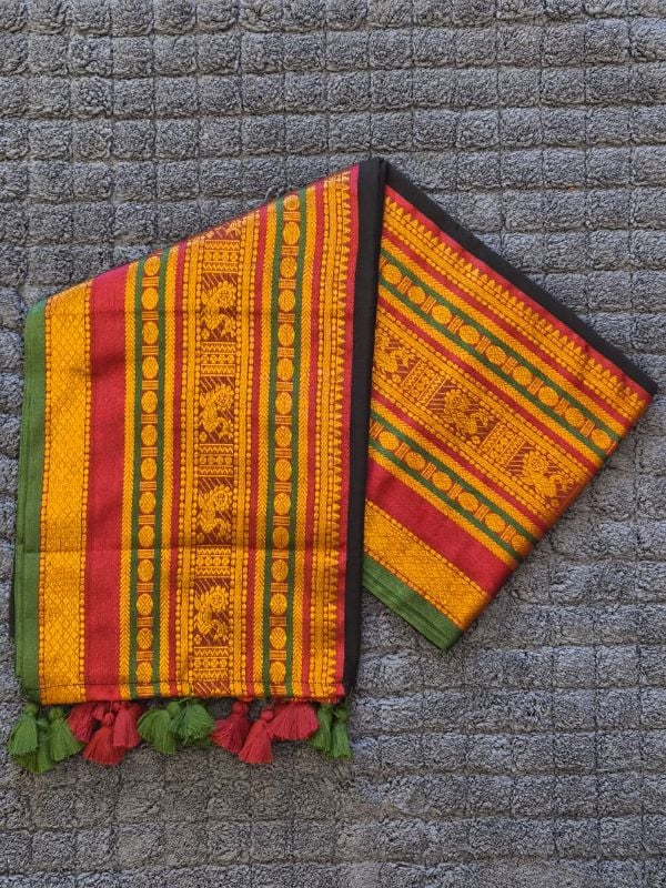 Black Mulcotton Saree With Multicolour Border