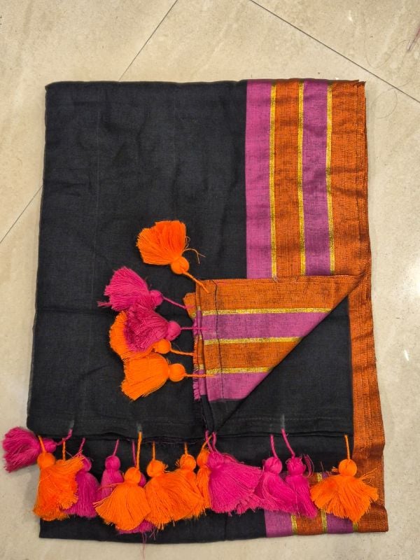 Black Mul cotton saree with multicolour cotton border