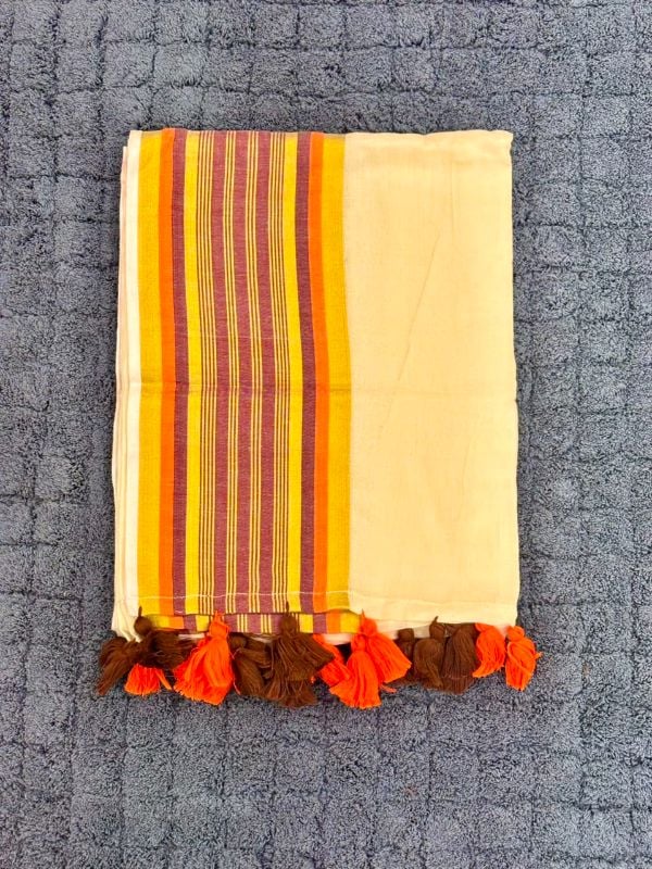 Coffee Brown & Orange Border Mulcotton Saree