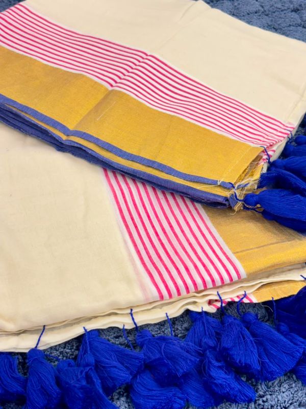 Blue & Pink Border Mulcotton Saree