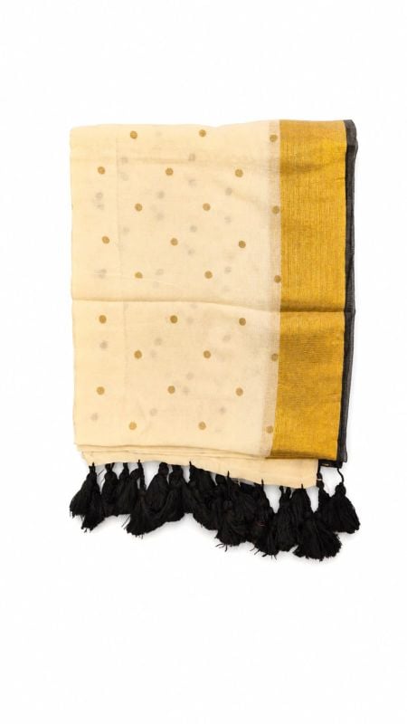 Mulcotton Saree with Black and Golden Border & Golden polka Dots