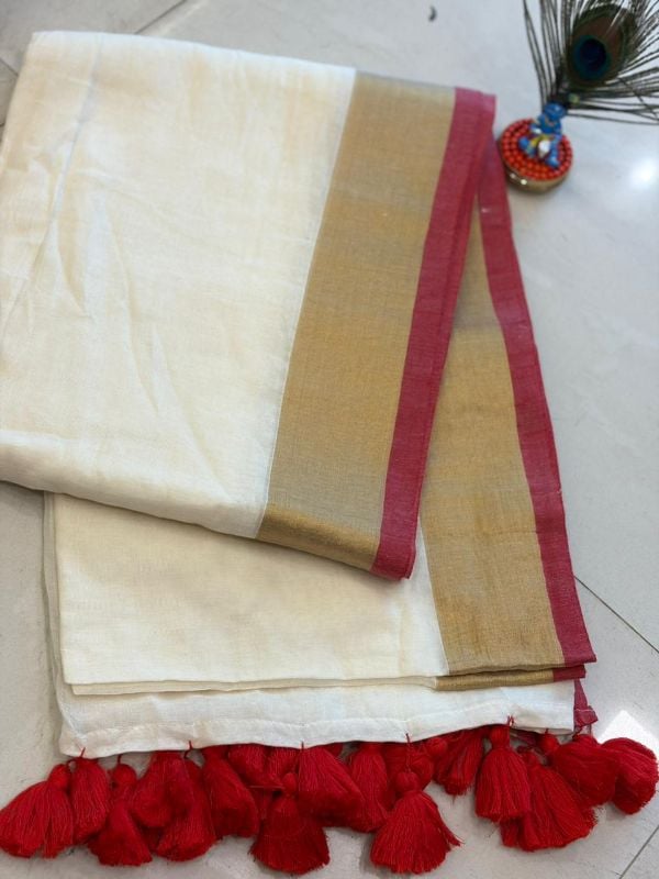 Off White and Red Soft Mulcotton saree(6 Meters)