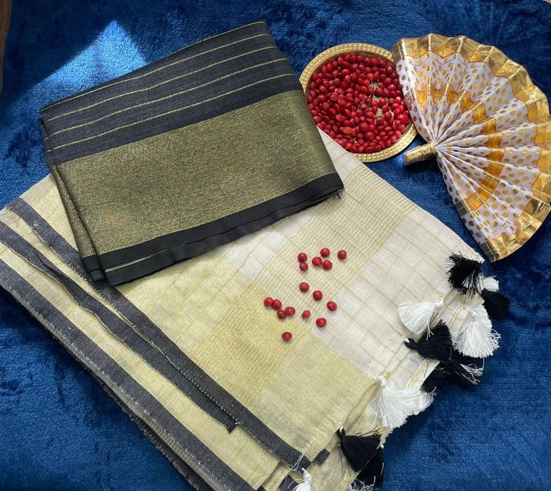Linen Saree with Black and Golden Border