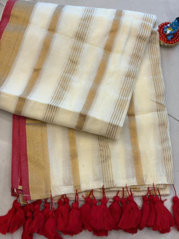 Off White and Red Soft cotton saree(6 Meters)