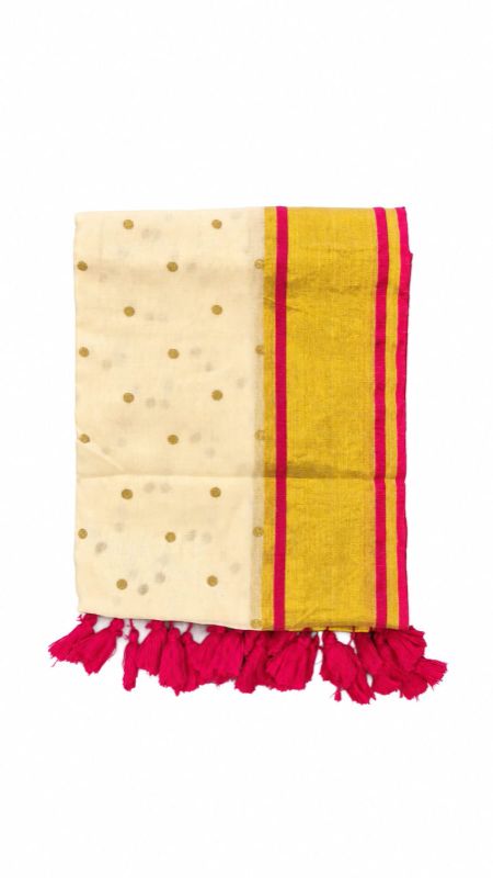 Mulcotton Saree with Pink and Golden Border & Golden polka Dots