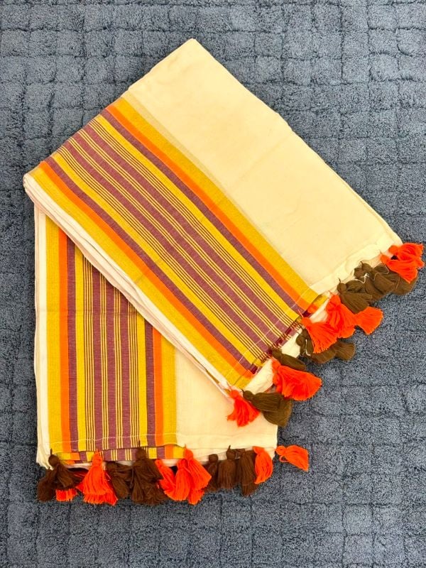 Coffee Brown & Orange Border Mulcotton Saree
