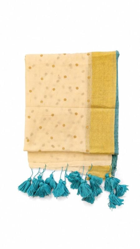 Mulcotton Saree with Turquois Blue and Golden Border & Golden polka Dots